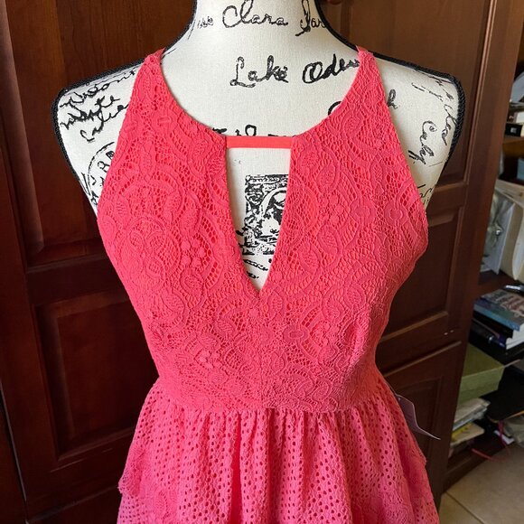 Adelyn Rae Ruffle Lace Dress Coral Pink Small - Picture 2 of 7